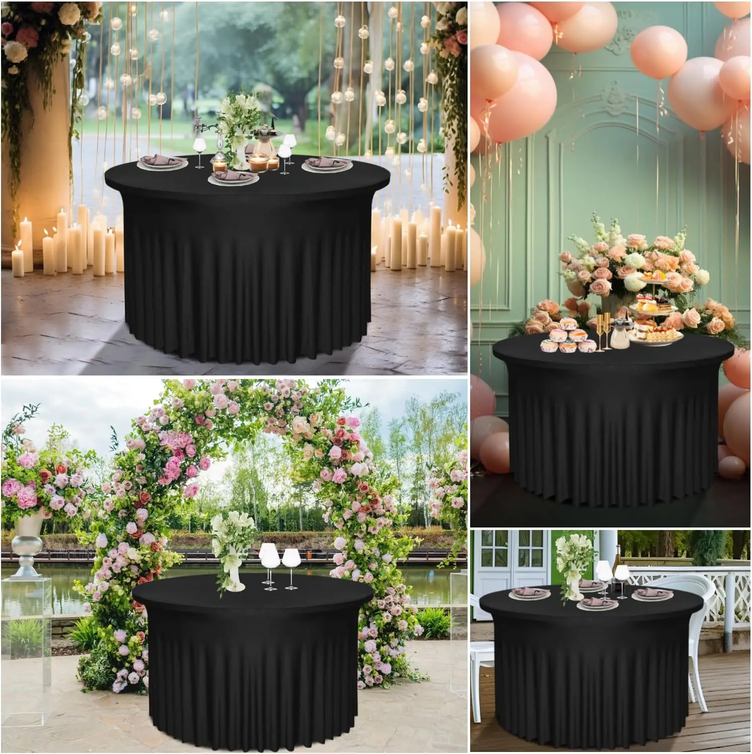 4 Pack Black 48Inch Round Table Skirt | Round Tablecloth For 4Ft Tables|Polyester Spandex Round Table Cloths With Skirt|Stain