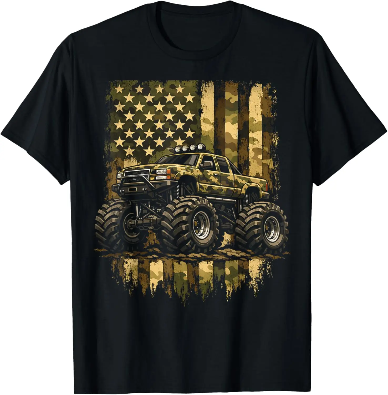 Retro Trucks Vintage Monster Truck USA American Flag T-Shirt 100% Cotton Trendy Y2K Short-Sleeve Tee-Soft, Quick-Drying,