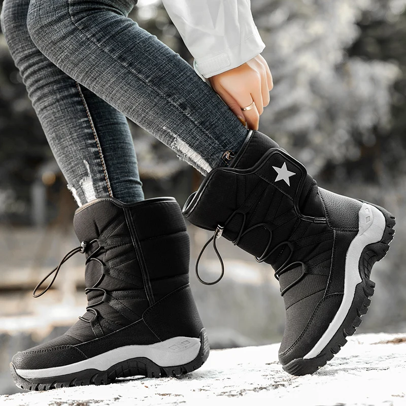 Winter Work Boots Womens Shoes Comfort Waterproof Cotton Shoes Male Plus Velvet Warm Couple Snow Boots Outdoor Size 43 Black