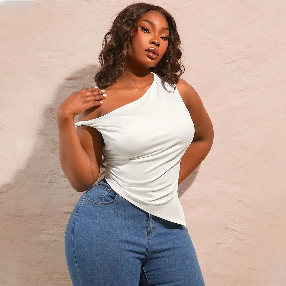 

Large Size Women's Sexy Slanted Neck T-shirt Summer New Off Shoulder Sleeveless Irregular Top Party Summer Elegantes Casual Y2k