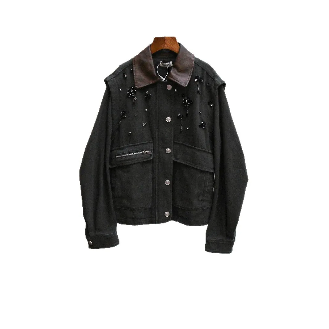 Jaqueta Feminina de Couro Retrô de Alta Qualidade MaSande com Gola de Cordão e Decoração de Contas, Casaco de Manga Longa