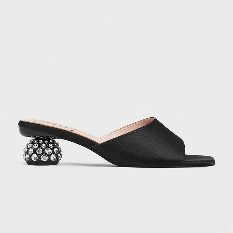 

Summer 2025 New Fashion High Heel Women's Sandals Leather Slip-On Diamond Embellished Clog Mules Stylish Versatile Elegant
