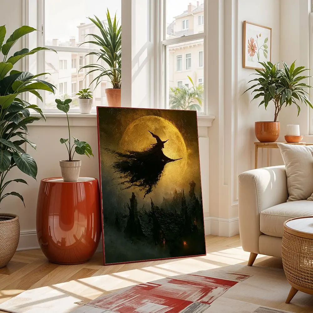Vintage Flying Witch Full Moon Canvas Print, Gothic Dark Castle Halloween Oil Painting Poster, Unframed Canvas Wall Art Spooky H