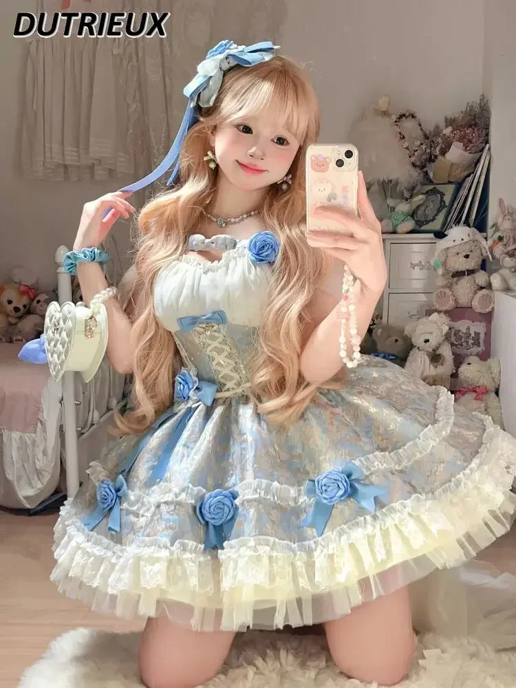 

Japanese Style Lolita Sweet Girl Pink and Blue Jacquard Fabric Off-the-Shoulder Dress High Waist Lace-up Bow Princess Dresses