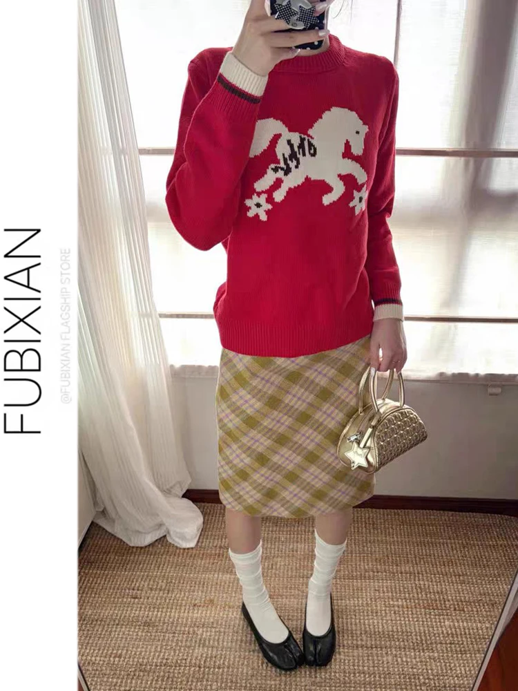 

Retro Korean Sle f-length Plaid A-line Skirt for Women Casual Slimming Spring New Arrival High-waist Midi Skirt