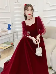 Temperament Burgundy Prom Dress New Elegant Velvet Square Collar Long Sleeve Off Shoulder Ankle-Length Engagement Vestidos