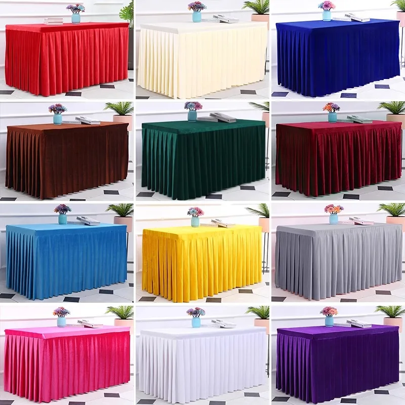 Mantel de terciopelo grueso para boda/banquete/restaurante, tela de mesa rectangular blanca, cubierta de mesa ajustada con volantes plisados