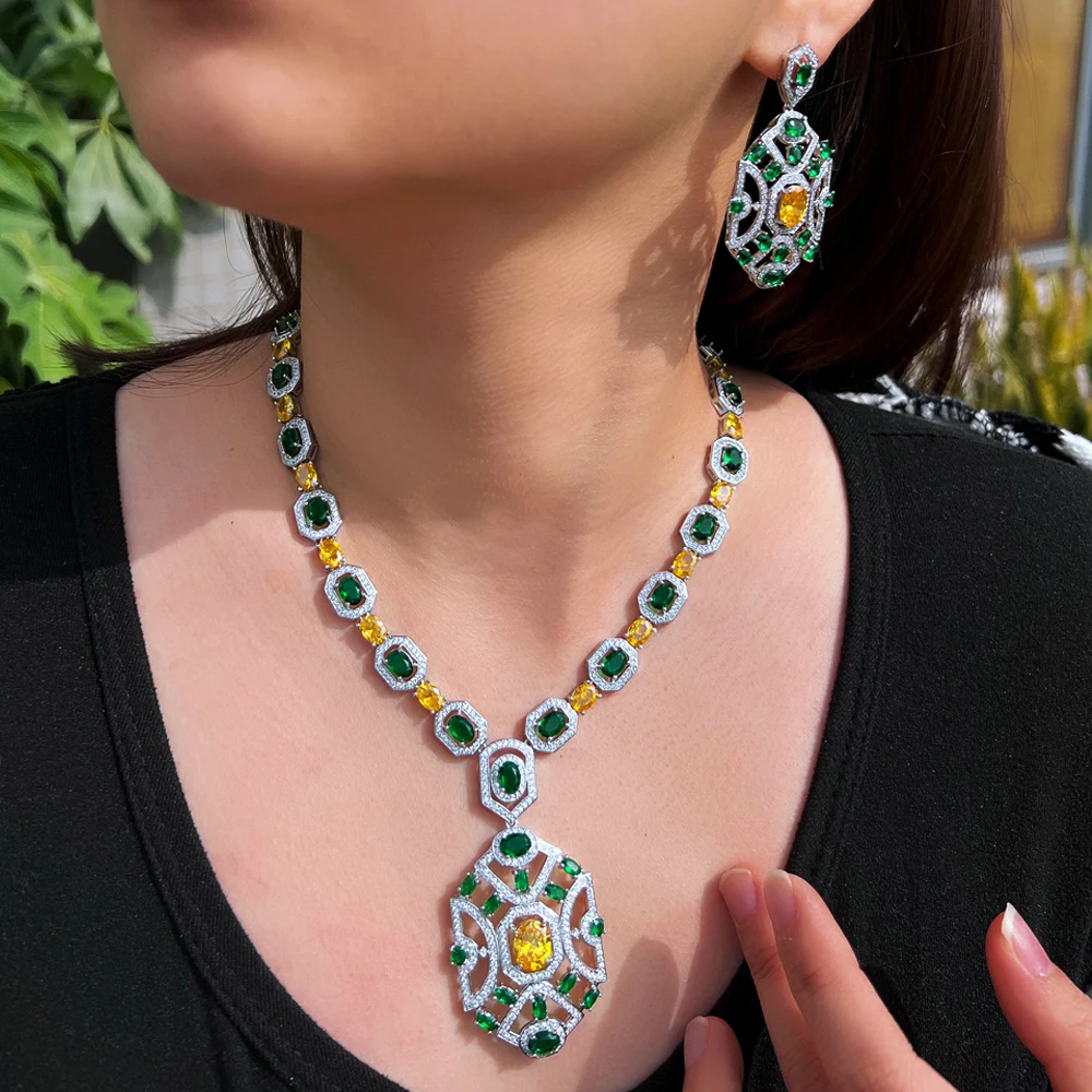 ThreeGraces Gorgeous Multicolor Zirconia Shield Shaped Luxury Big Wedding Bridal Necklace Earrings Jewelry Set for Women T1056