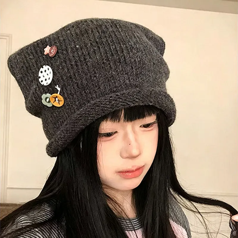 Japanische Katzenohren-Strickmütze mit Knopfverschluss für Frauen mit großem Kopf, warme Ohrenschutz-Mütze für Herbst und Winter – Detail 2