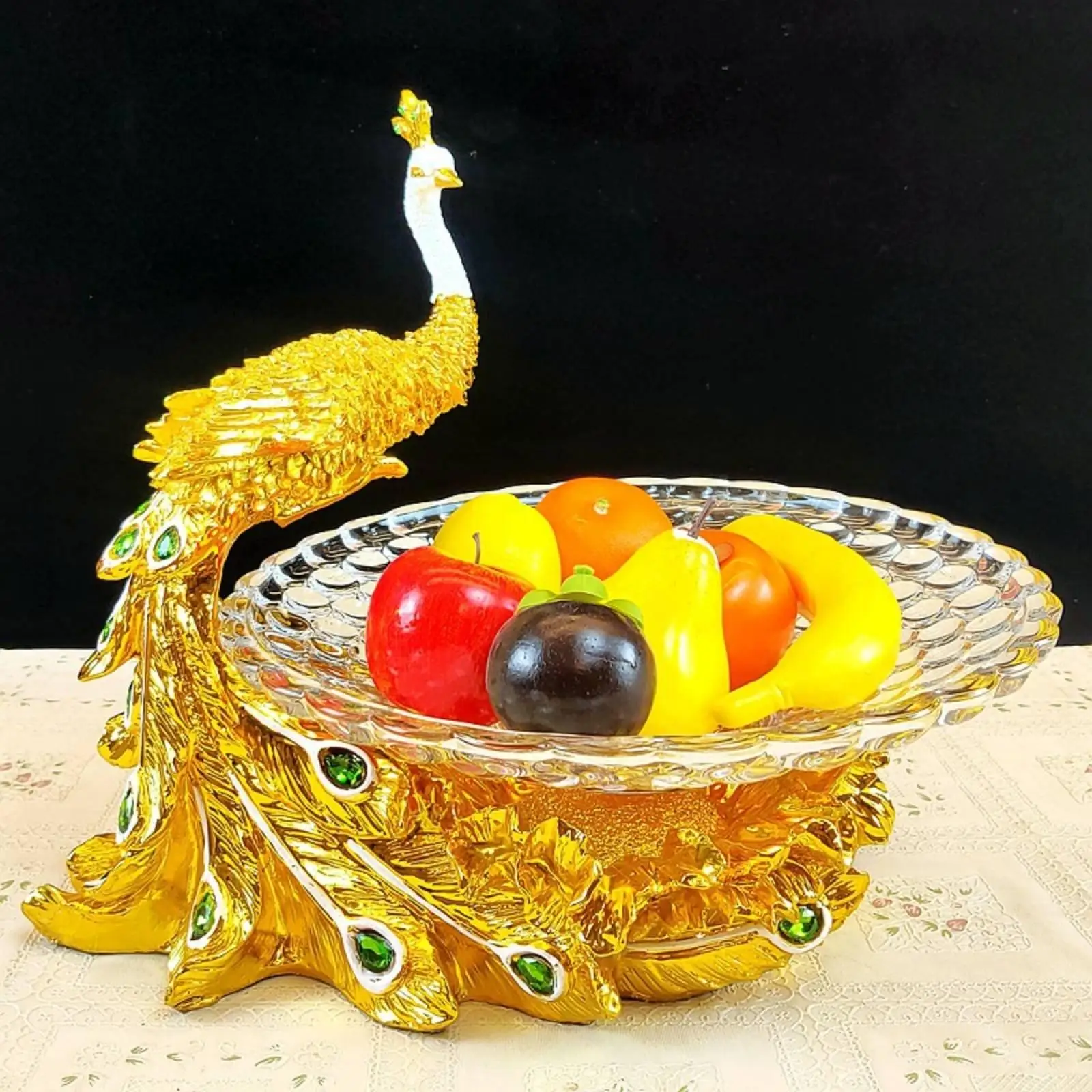 Handcrafted Peacock Serving Bowl Resin Gold Jewelry Tray Decorative Dish for Candy Nuts Fruits Living Room Kitchen Decor