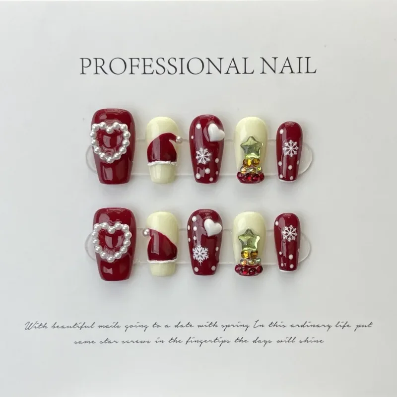 10pcs Handmade Christmas Red Medium Girls Reusable Adhesive Nail Art Stick-on Nails Square Nails Press on Snowflake False Nails