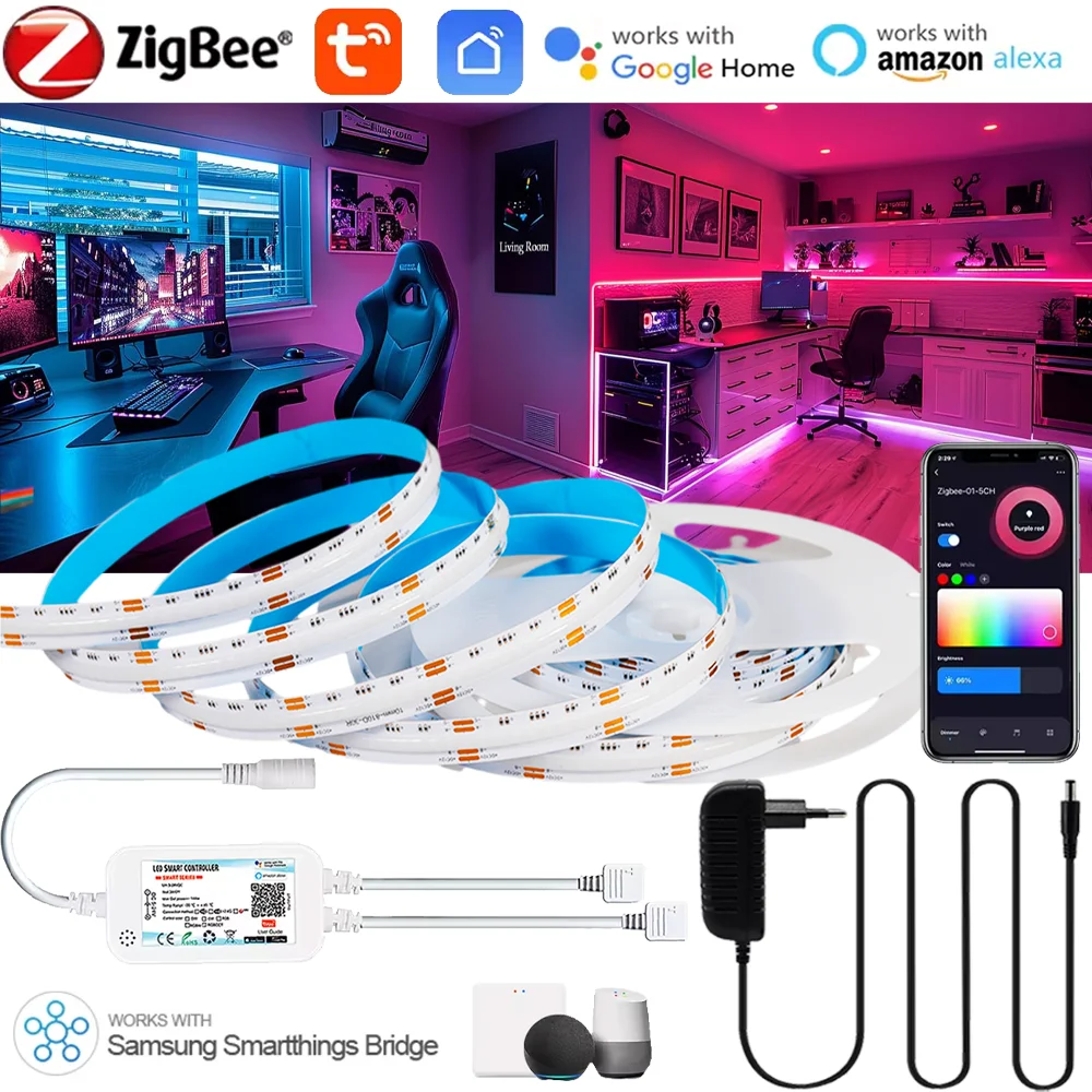 

DC24V Zigbee 3.0 RGB COB LED Strip Light Flexible High Bright Dotless Colorful LED Tape Light Bar Home Decor for Alexa Google