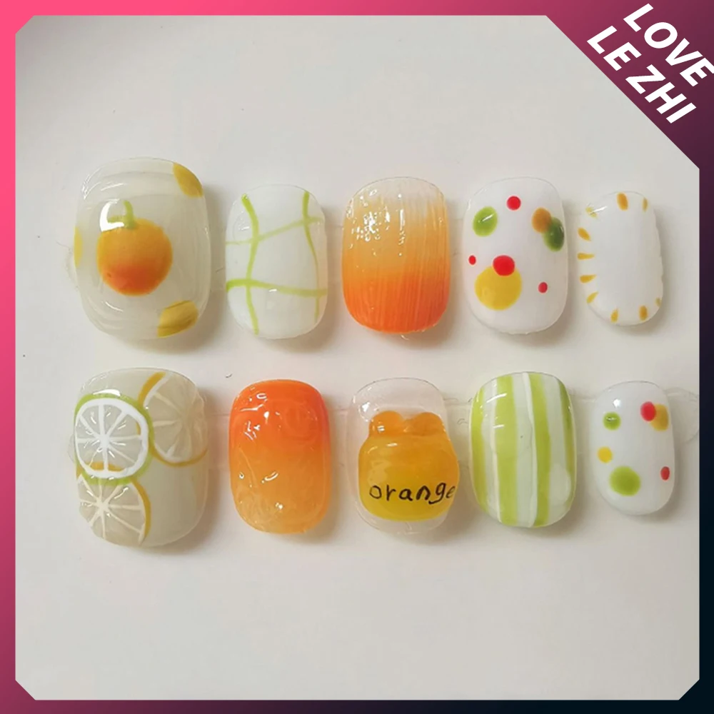 10 Uds. De uñas postizas redondas y cuadradas cortas y bonitas hechas a mano, uñas postizas reutilizables con dibujos de perros y gatos pintadas a mano con lazo, perlas, pan y patatas