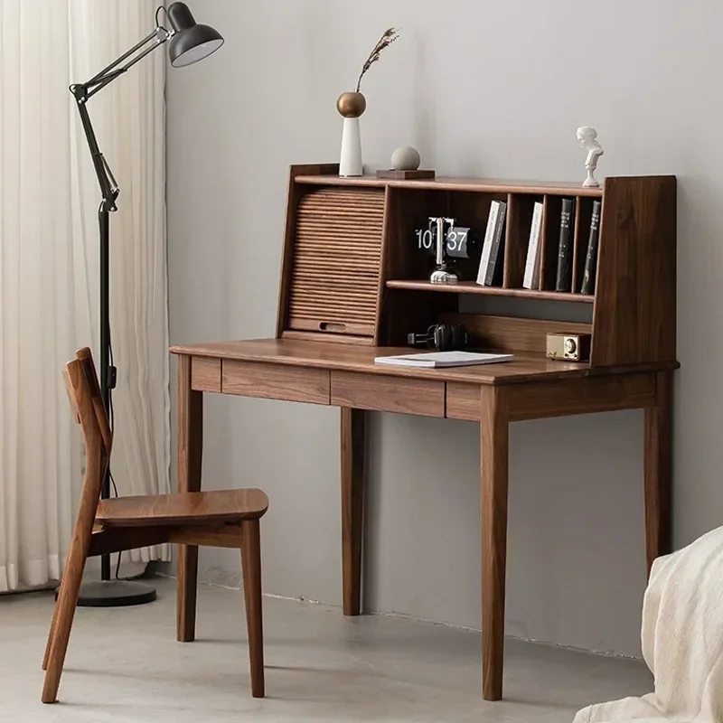 โต๊ะทำงานไม้เนื้อแข็งวอลนัทสีดำสไตล์นอร์ดิก ชั้นวางหนังสือไม้ซุงสไตล์ญี่ปุ่น โต๊ะทำงานสำนักงานแบบเรียบง่าย