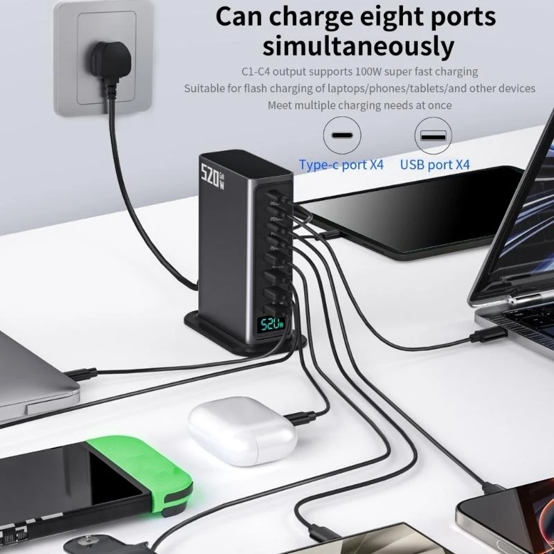 

520W USB Type C Gans Зарядка Hubs 8 Port Quick Solution для домашнего офиса и поездки для различных устройств D2RC