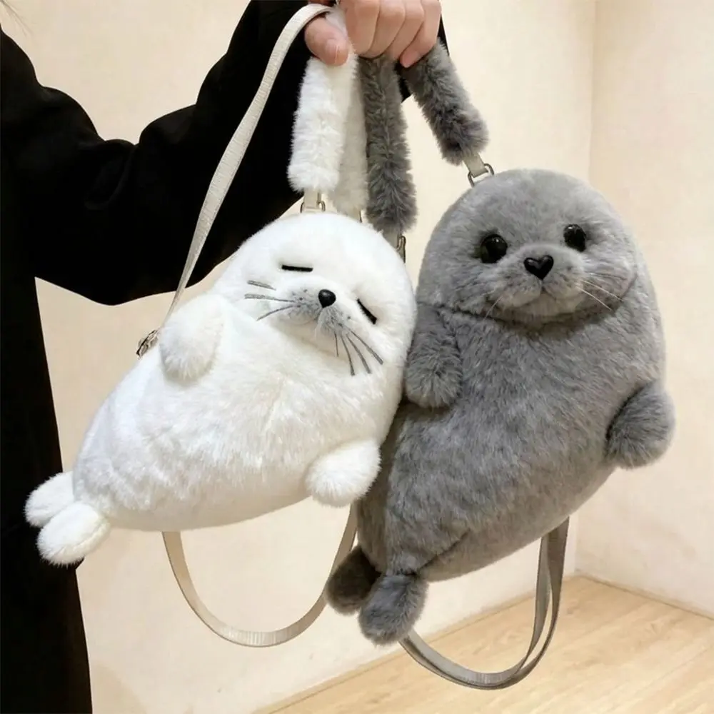Soft Fluffy Cute Seal Shoulder Bag Cartoon Lightweight Crossbody Bag Adjustable Straps Plush Fabric Handbag Women's Accessories