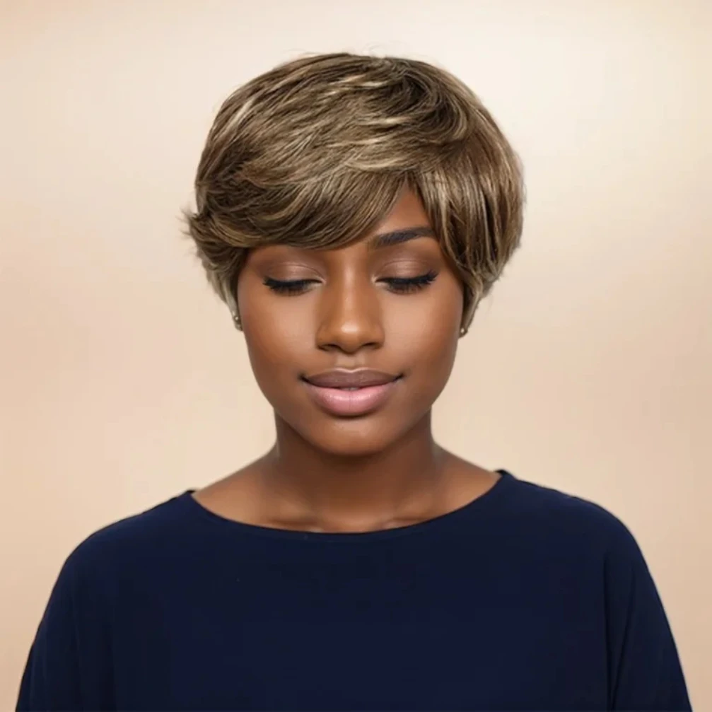 Wig Rambut Manusia Potongan Pixie Pendek Rambut Manusia Lurus Wig Rambut Manusia untuk Wanita Wig Buatan Mesin Penuh