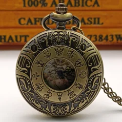 Vintage Bronze Zodiac Theme Stone Golden Roman Literal English Pocket Watch Pendant Jewelry Necklace Gift Collection
