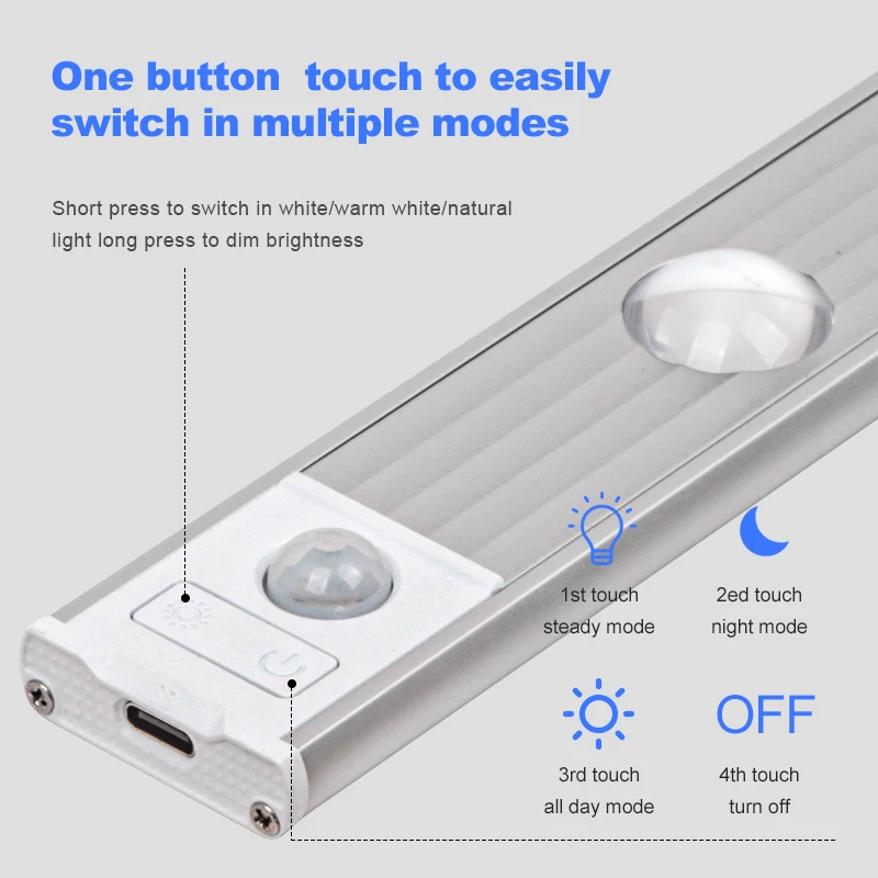 LED Night Light USB Rechargeable Lamp Motion Sensor Led Light For Kitchen Wardrobe Cabinet Lighting 20cm/30cm/40cm Aluminum LED