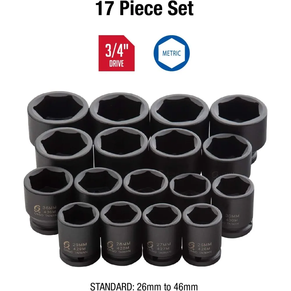 ИНСТРУМЕНТЫ SUNEX 4684, набор ударных головок для тяжелых условий эксплуатации с приводом 3/4 дюйма, 17 предметов, метрическая, 26–46 мм, легированная сталь Cr-Mo, радиус угла Des