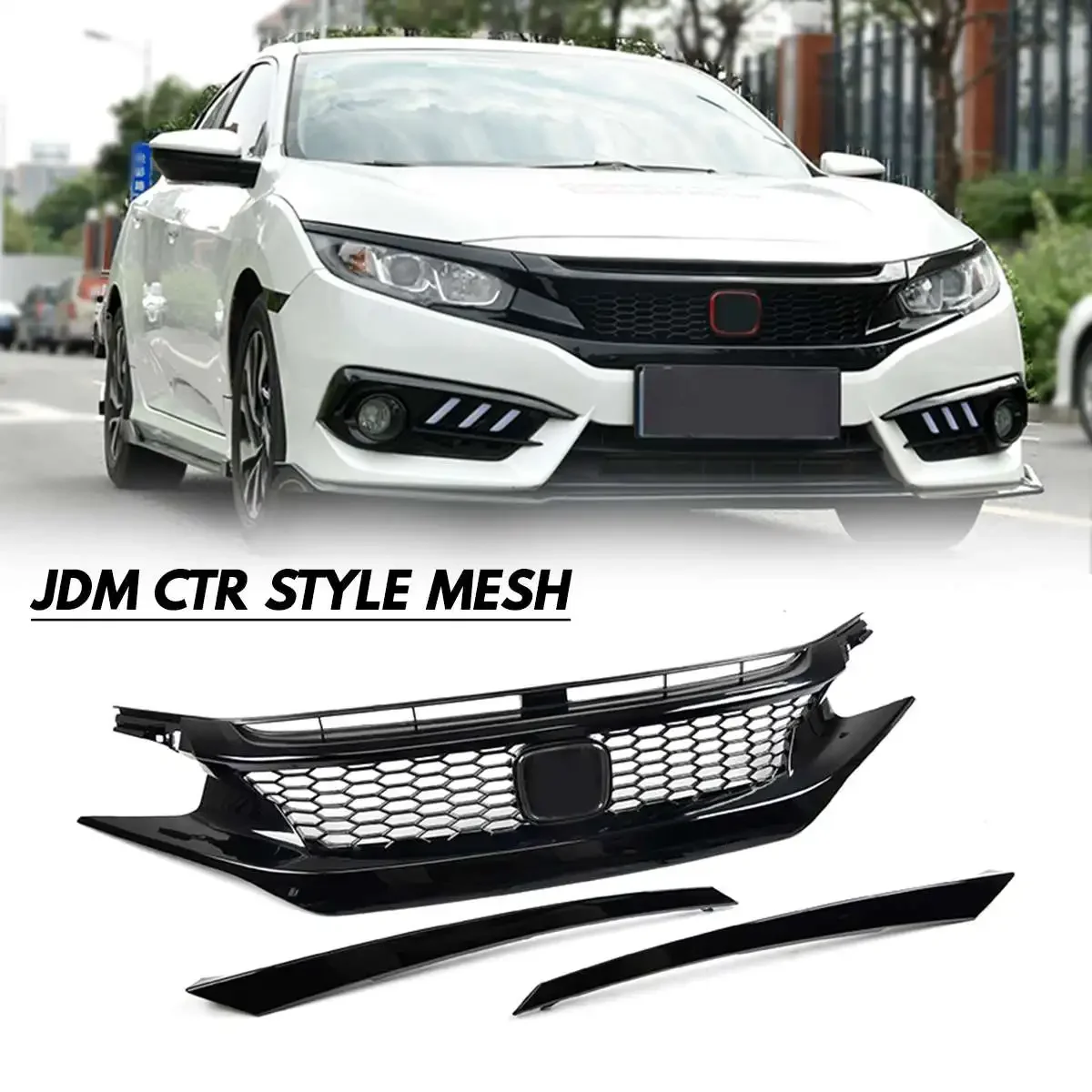 Glossy Black Mesh Front Hood Grille Racing Grills JDM-CTR Sport Style For Honda For Civic 2016-2019 10th Gen Replacement Part