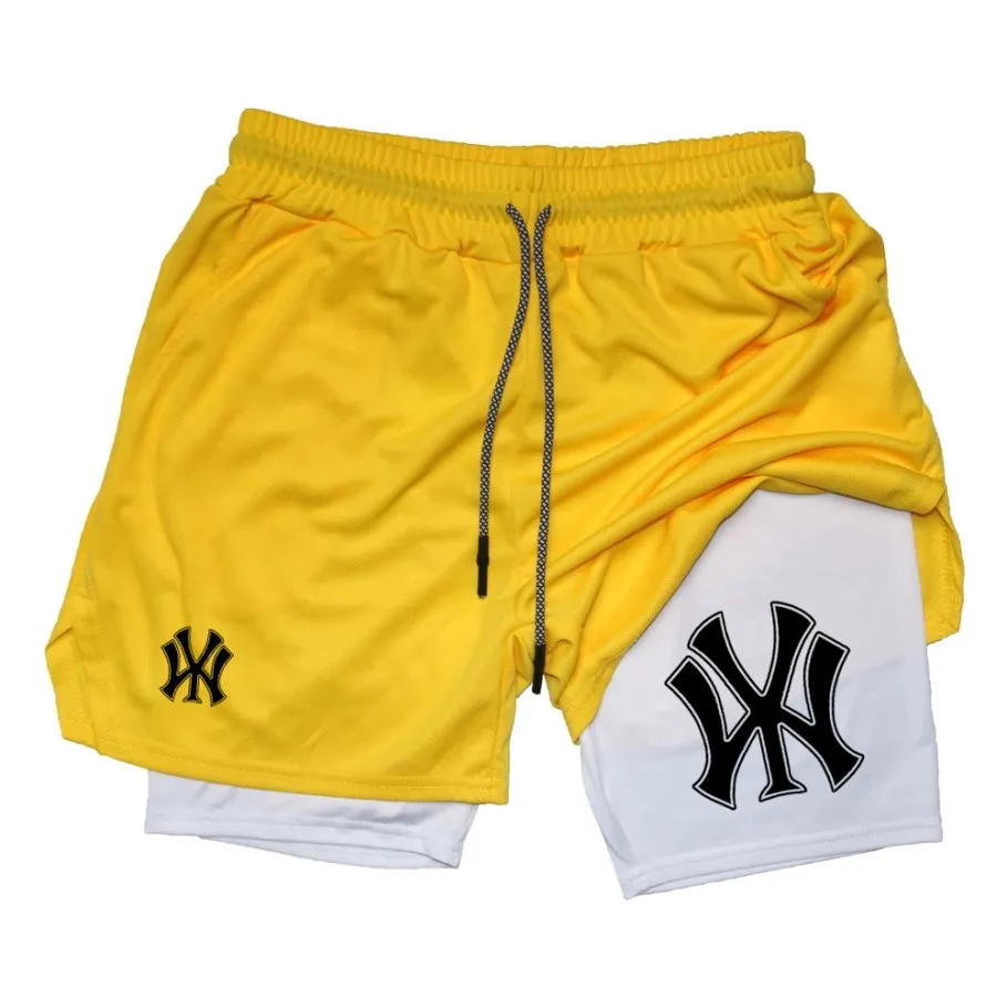 Shorts masculinos de treino em corrida, shorts de compressão para ginástica com bolso do telefone, roupa esportiva esportiva com laço de toalha,