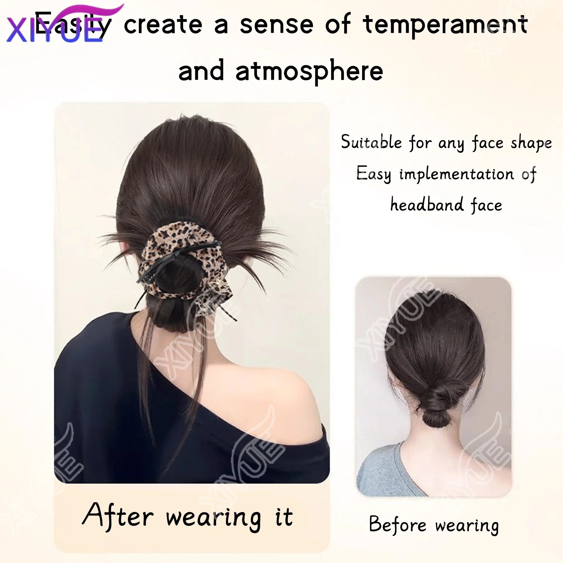 Xiyue coque de cabelo sintético, clipe de garra, estampa de leopardo com laço de cabelo, peruca, laço, estampa de leopardo, pena de frango, bigode de dragão