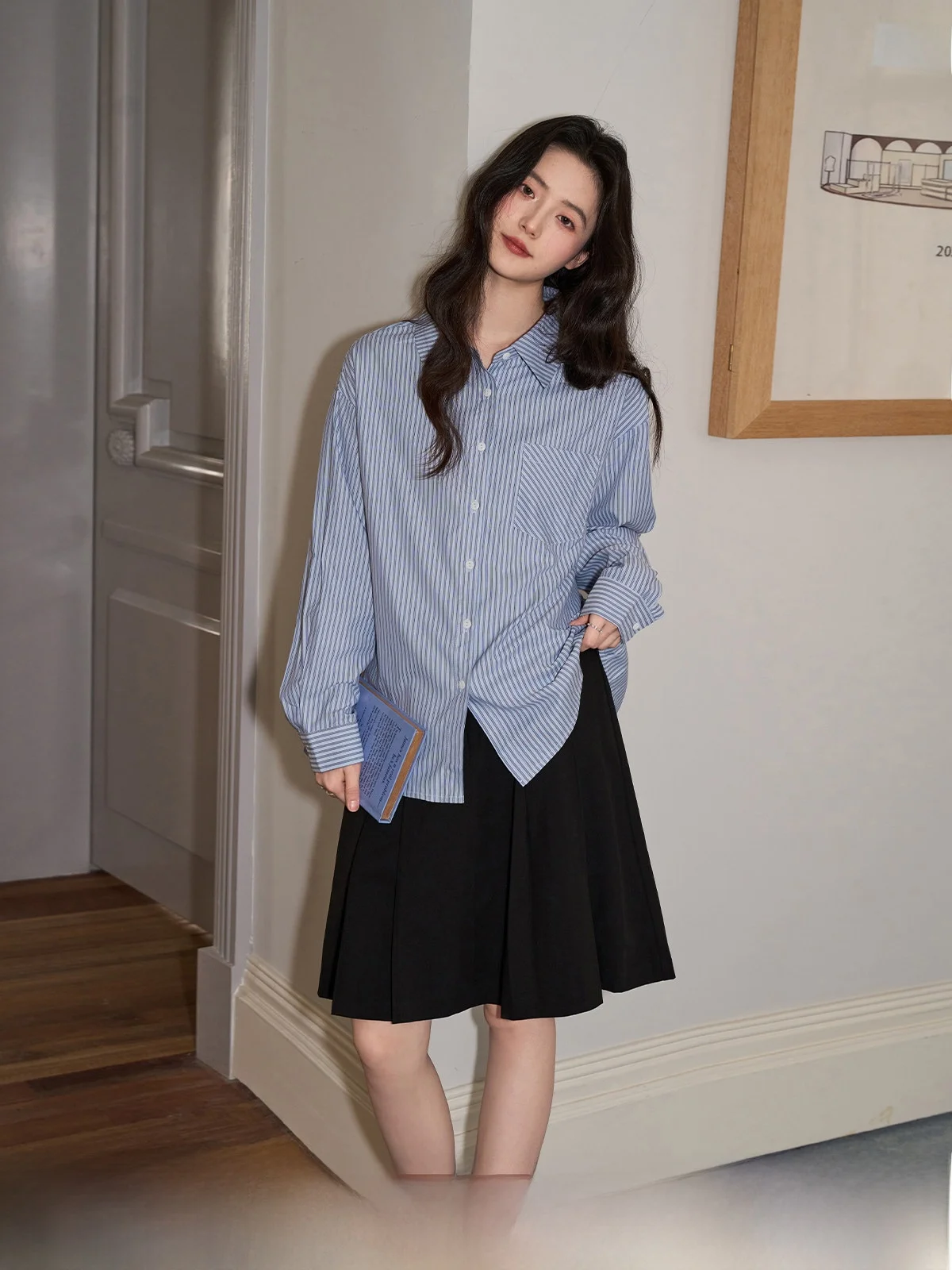

Loose Long Sve Collar Striped irt Women's Spring New Sle Casual Comfortable irt Blue Stripes Ele Leisure Wind