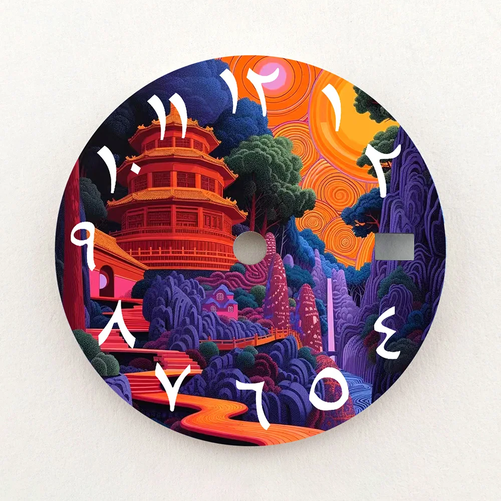 28.5mm Dial NH35 Dial Traditional Chinese Pagoda Forest Scenery Arabic Numeral Dial Watch Accessories Fits NH35/NH36 Movements