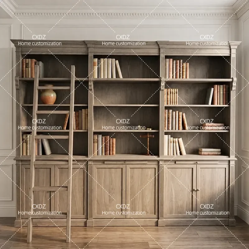 Oak Solid Wood Bookcase Retro 3 Door Storage Cabinet with Ladder Study Room Furniture Customizable Shelf Unit