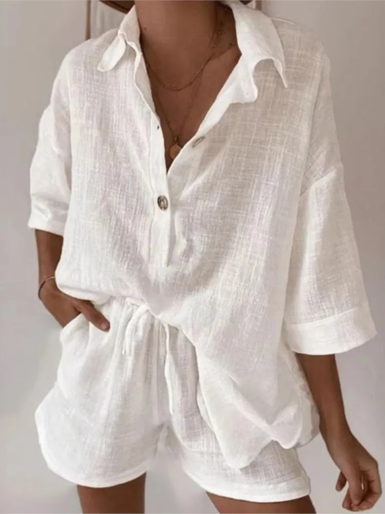 

Summer Women's Solid Buttoned Three-quarter Sleeve Shirt Two-piece Shorts Fashion Elegant Casual Loose Woman 2 Piece Set Outfit