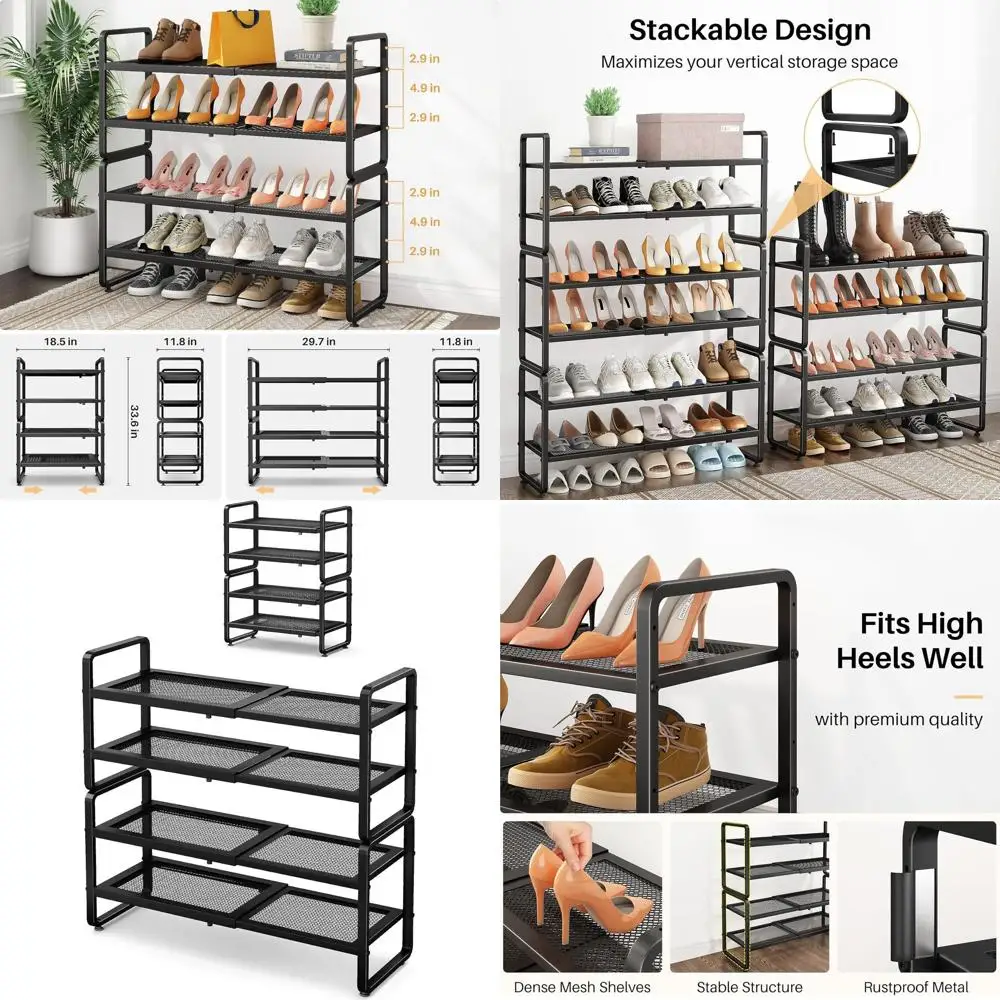 

Adjustable 4-Tier Metal Shoe Rack Organizer for Closet, Stackable Storage Stand for Shoes in Garage or Entryway (Black)
