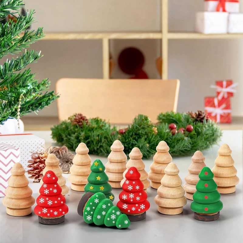 Árbol de Navidad de madera sin terminar, miniatura de madera Natural, muñecas de clavija de madera en blanco para manualidades artísticas DIY, paquete de 30