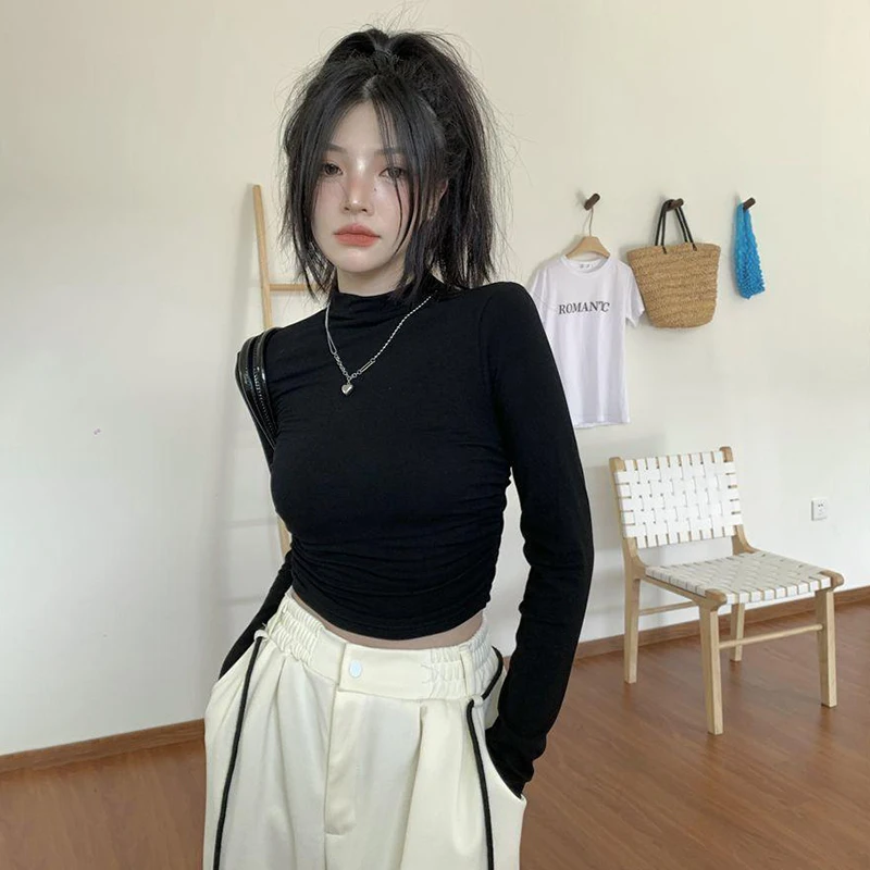 Women's Spring And Autumn Slim Pleated Long-sleeved Top With Half-high Collar Bottoming Shirt T-shirt