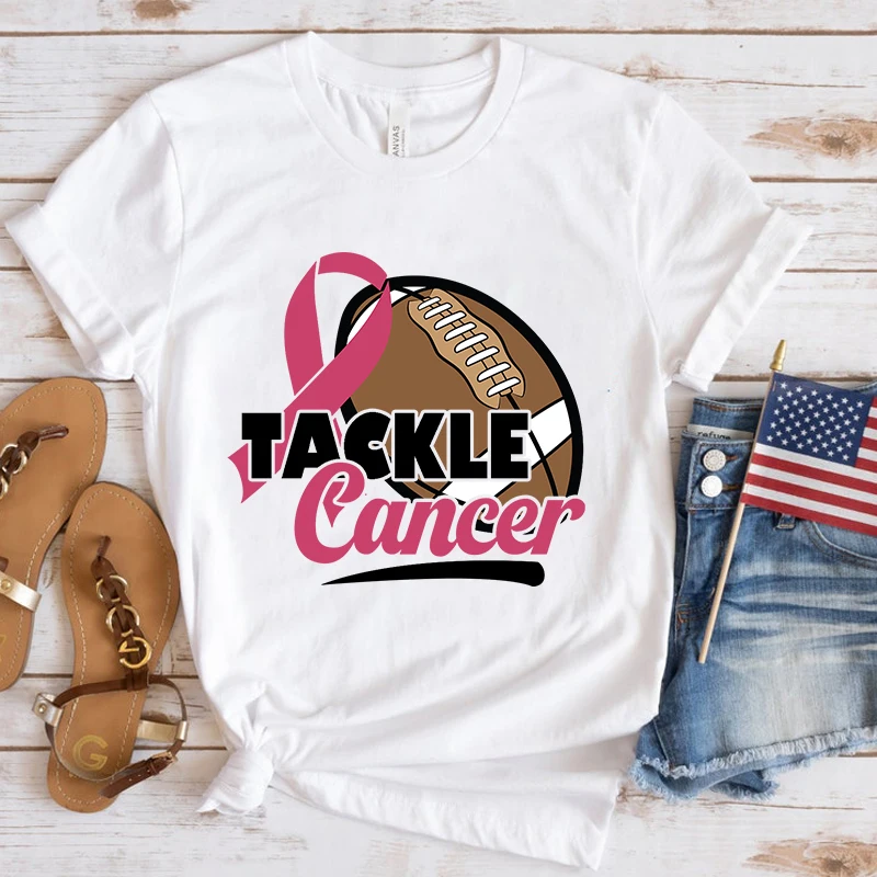 Fashion Breast Cancer Awareness Tackle Cancer Print T-Shirt Girl T Shirt Soft Print Top Unisex Tee Clothing Casual O-Neck