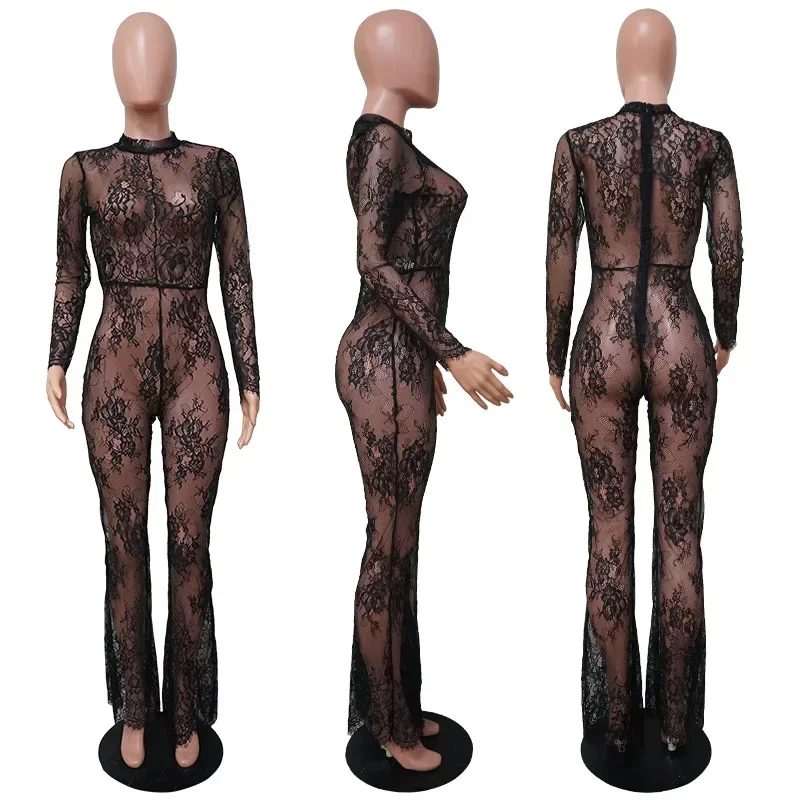 Fashion Black Lace Perspective Sexy Night Club Outfits Long Sleeve One Pieces Wide Leg Jumpsuit Women Summer Clothes