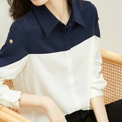 Spring Autumn Polo-neck Elegant Fashion Patchwork Shirt Women Loose Casual All-match Buttons Top Women Cardigan Blouse