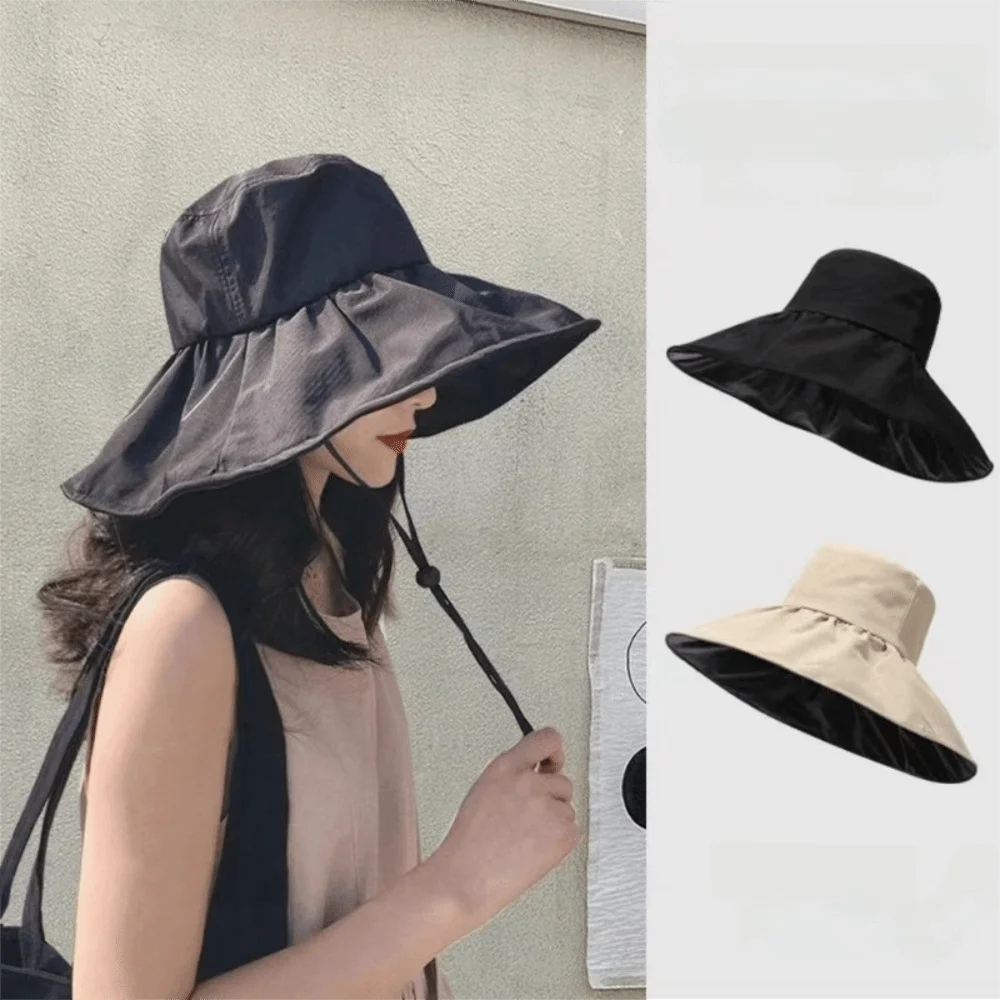 Solid Color Women Fisherman Hat Anti-Ultraviolet Foldable Wide Brim Sun Hat Adjustable Sunshade Sun Protection Hat Outdoor
