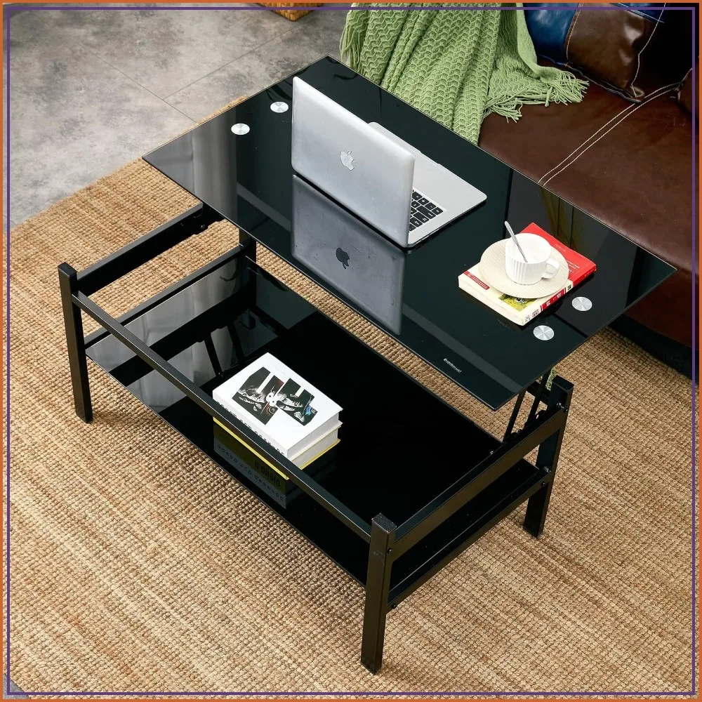 Lift Top Coffee Table with Storage, Black Tempered Glass, Small Rectangle for Living Room