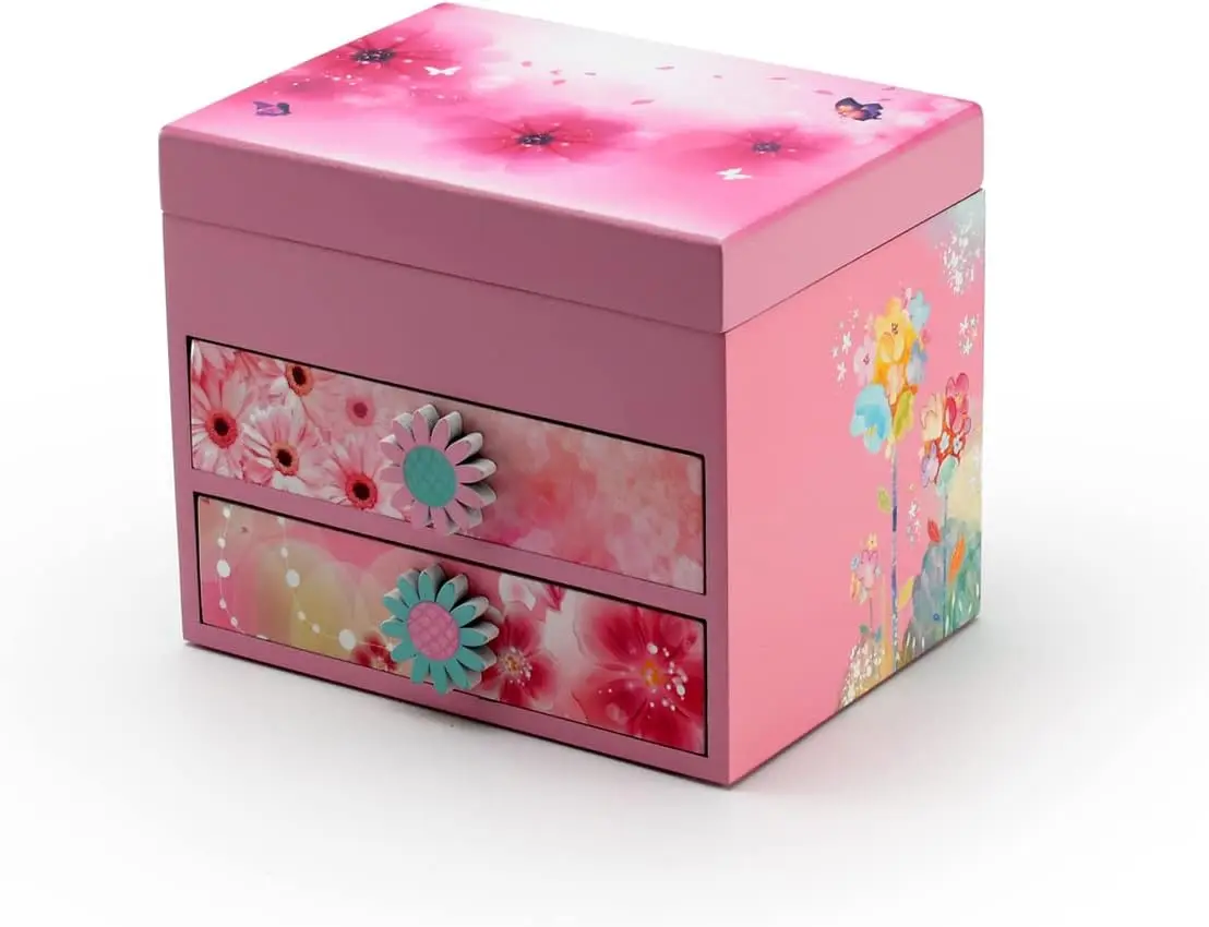 Pink Wooden Floral Theme Music Box with 18-Note Spinning Ballerina, Many Songs to Choose Including Oh What a Merry Christmas Day