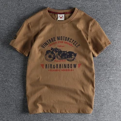 Zomer Amerikaanse Retro Korte Mouwen O-hals Motorfiets Gedrukt T-shirt Mannen Mode Eenvoudige 100% Katoen Gewassen Casual Sport Tops