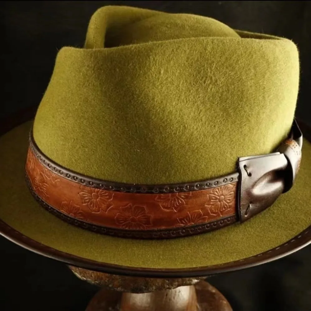 Leather edging wool hat, fashionable pure wool top hat