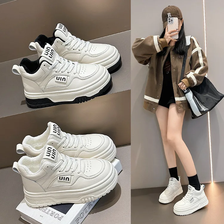 

Leather and velvet thick soled high top shoes 2025 autumn/winter cotton shoes women's casual shoes