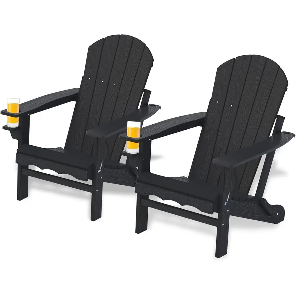 

Set of 2 Durable HDPE Black Adirondack Chairs with Cup Holder & Umbrella Hole, Weatherproof Outdoor Patio Furniture for Garden,