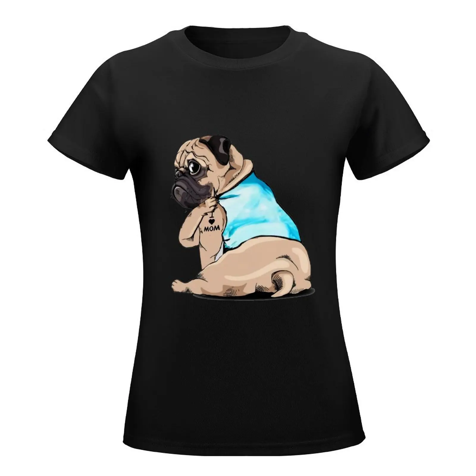 Pug Dog I Love Mom Tattoo Design T-Shirt vintage clothes cute tops korean fashion t shirt Women