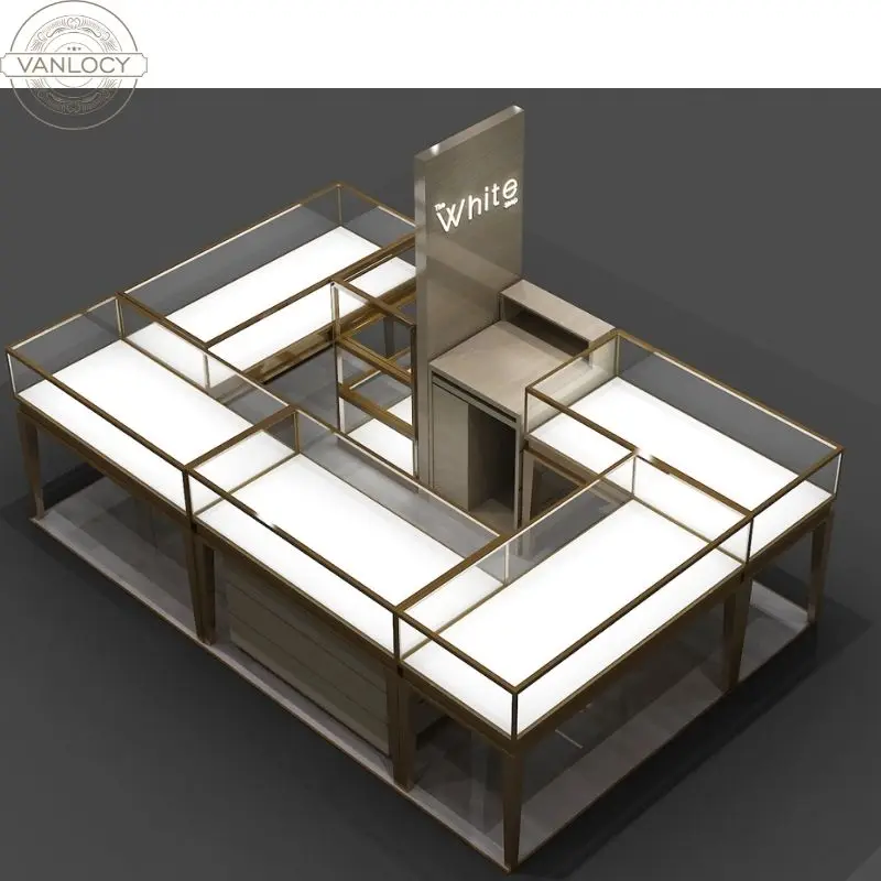 Custom.VANLOCY Custom Luxury Retail Store Jewelry Showcase Cabinet MDF Tempered Glass Metal Stainless Steel Aluminum Design Shop