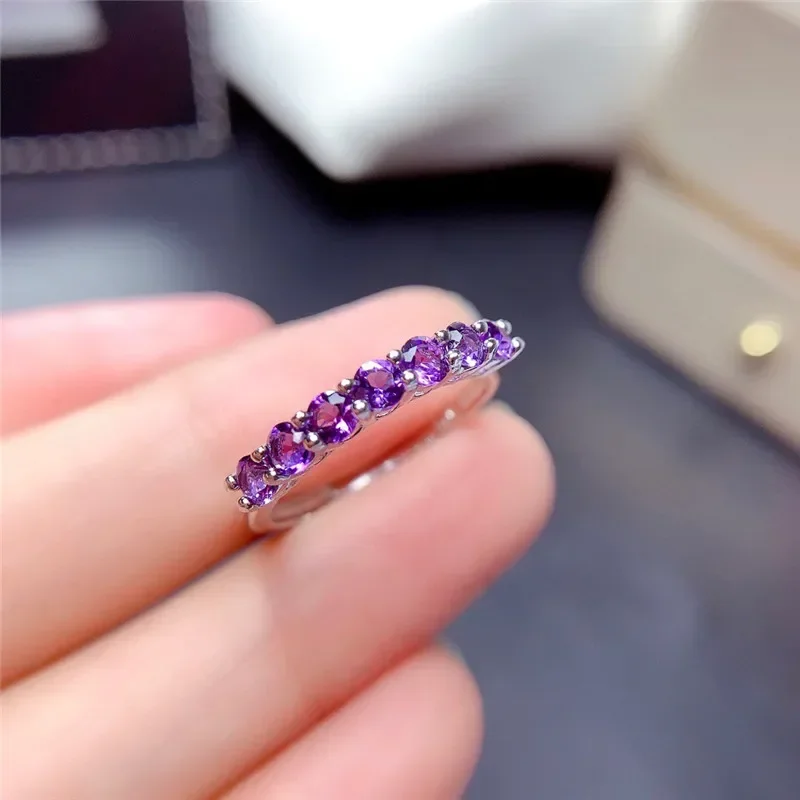 Natural Amethyst Ring for Women Anniversary Gift 3MM 7Pieces Purple Gemstones Fine Jewelry Band Rings Real 925 Sterling Silver