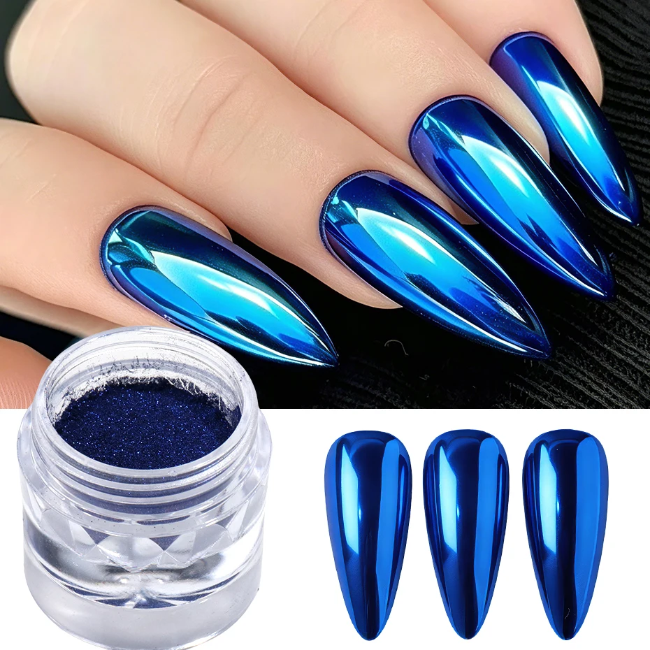 Blaues Spiegelchrom-Nagelpulver Ultrafeines Metallisches Spiegel-Nagelkunst-Pigment Aufreibbarer Staub Maniküre-Pulver Nageldekorationszubehör