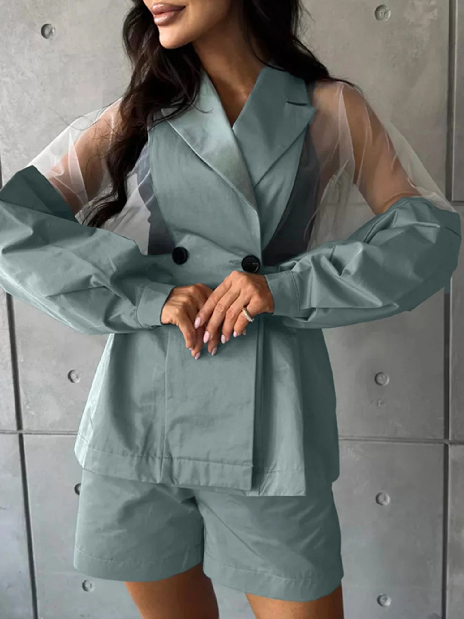 

LIMO 2026 Summer Solid Mesh Patchwork Blazer Two Piece Outfit Elegant Office Short Suit Set