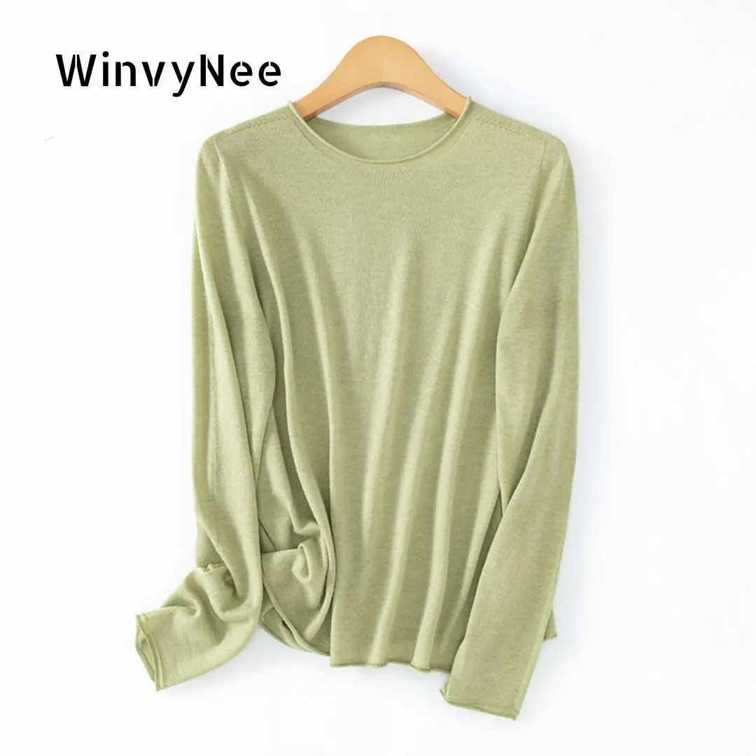 WinvyNee Women Worsted Wool Seamless Knit Crew Neck Plain Long Sleeve Spring Autumn Lightweight Skin-friendly Pullover A1757019A